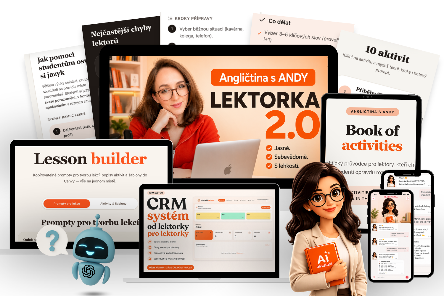 Náhled materiálů programu Lektorka 2.0 — kurzy, Lesson Builder, Book of Activities, CRM a AI asistentka